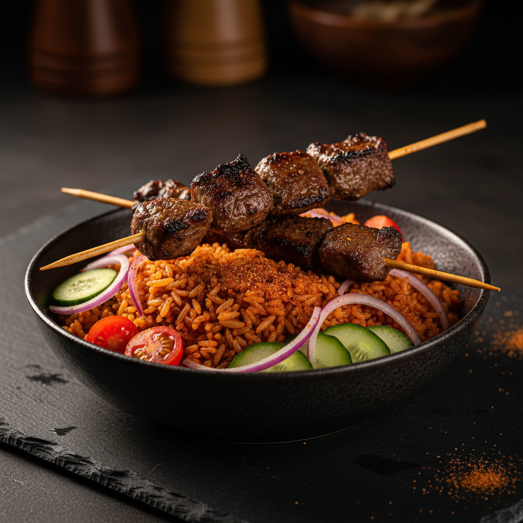 Beef Suya Bowl with Jollof Rice