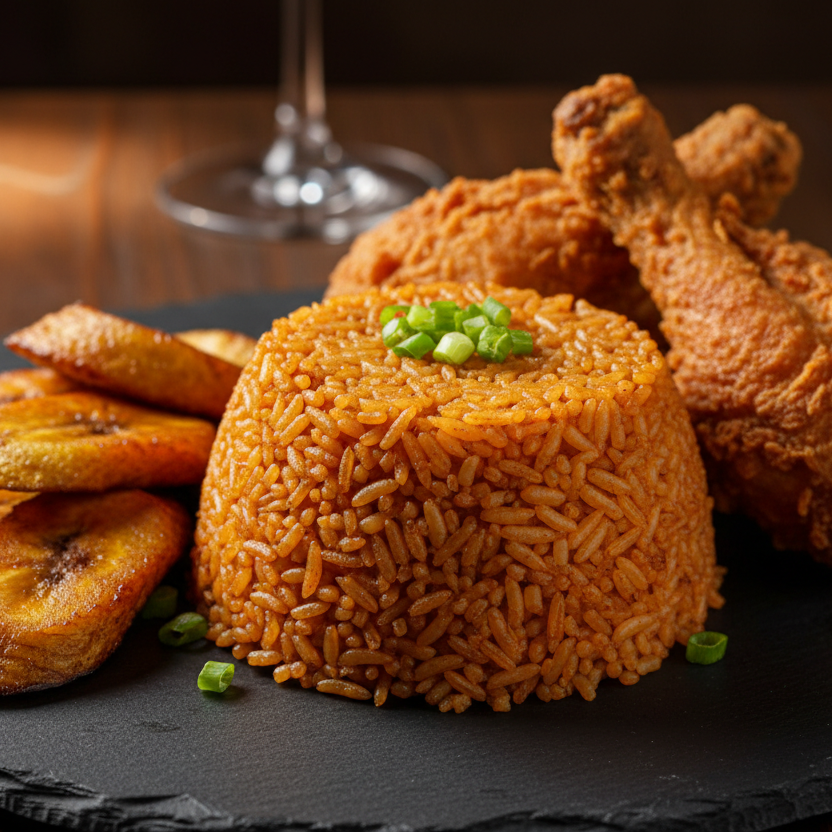 Jollof Rice with Fried Chicken and Plantain